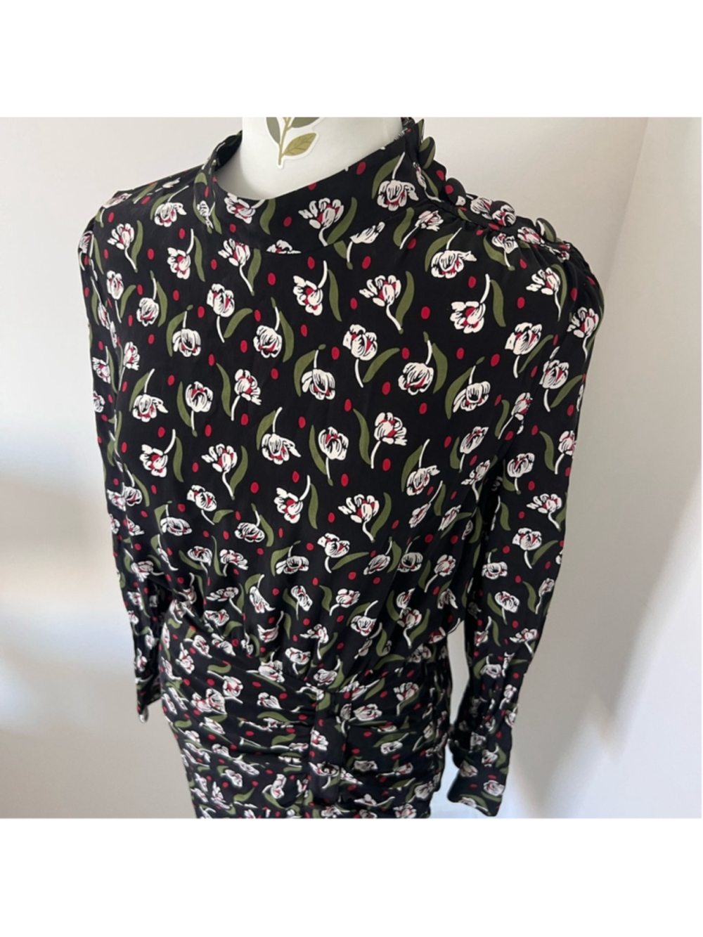 Veronica Beard Cadence floral Ruched Midi Dress High Neck Long Sleeve Black S - Picture 5 of 12